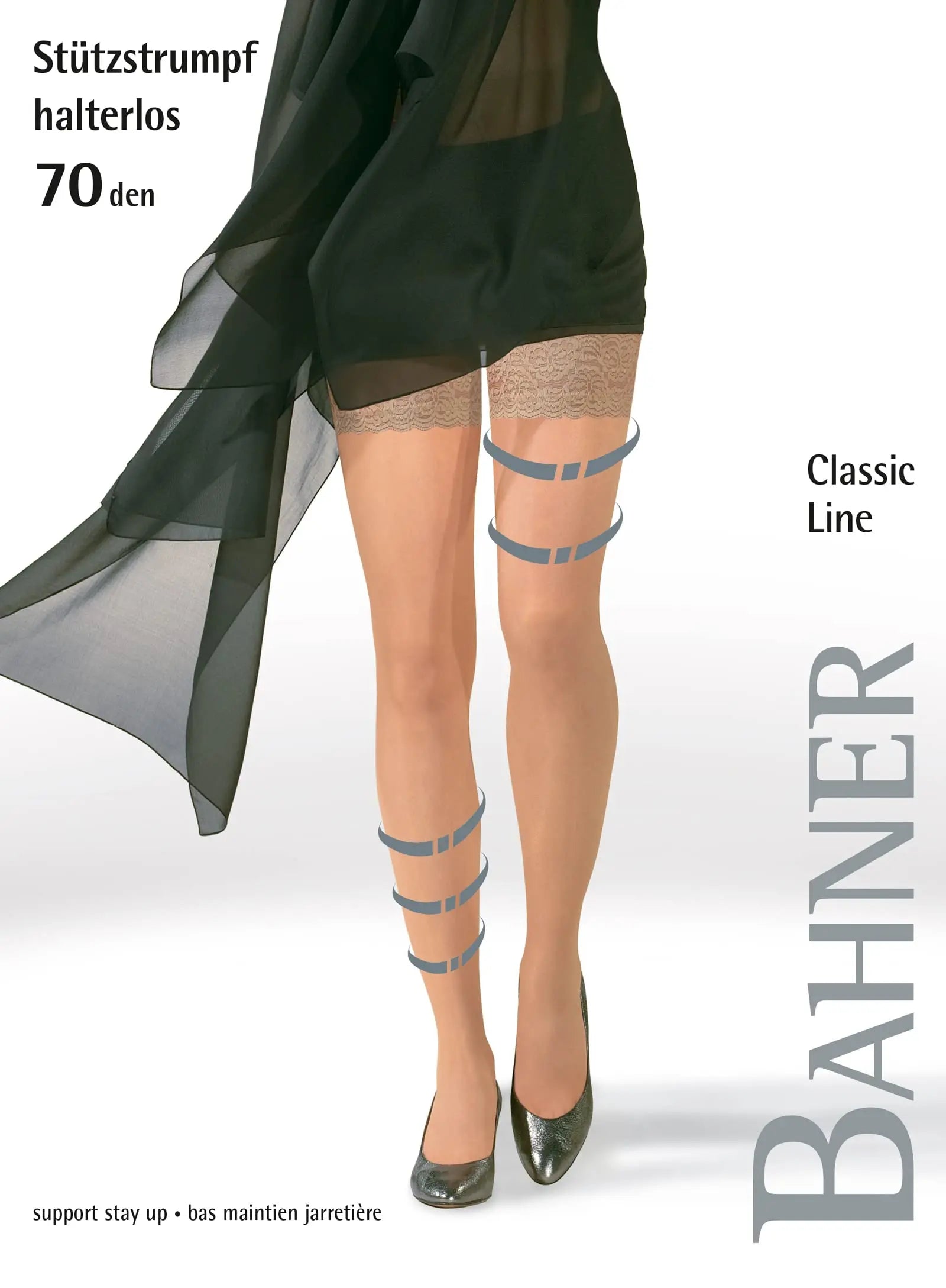 BAHNER Premium Stützstrumpfe Damen halterlose transparente Spitzenstrümpfe, Strümpfen 70 DEN Qualität aus Deutschland BAHNER Stützstrumpfhosen
