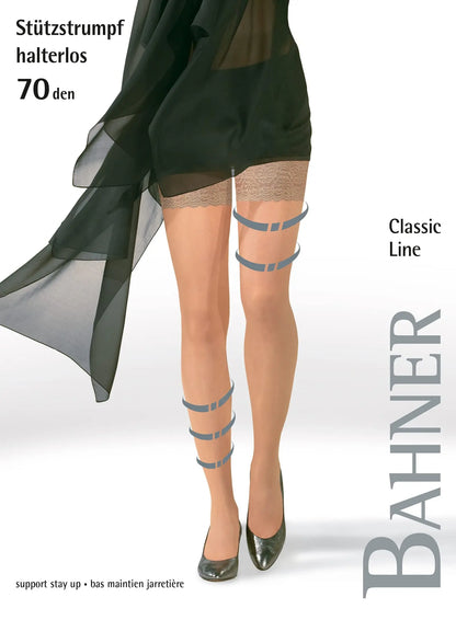 BAHNER Premium Stützstrumpfe Damen halterlose transparente Spitzenstrümpfe, Strümpfen 70 DEN Qualität aus Deutschland BAHNER Stützstrumpfhosen